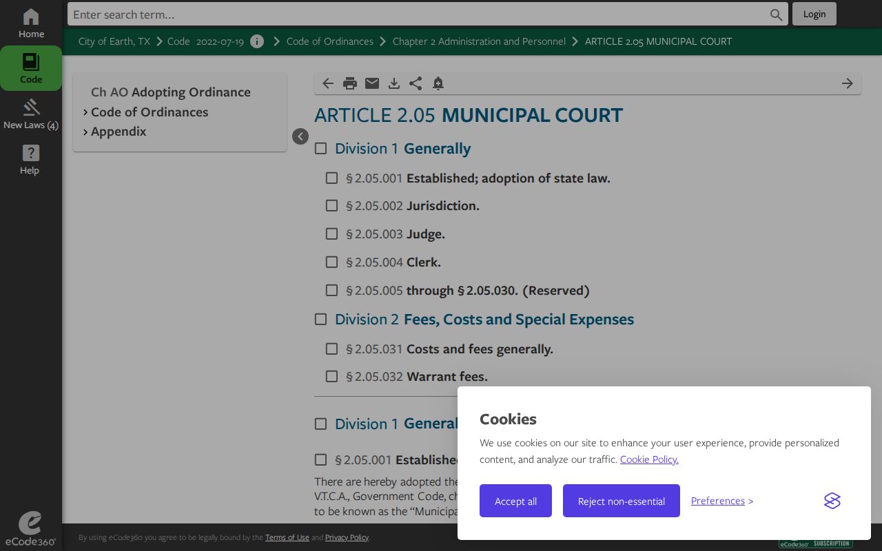 Published Earth municipal code article establishing Earth Municipal Court