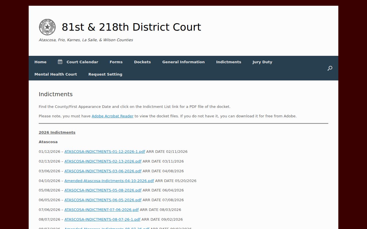 Official Texas district court indictment-list page used as a docket format example