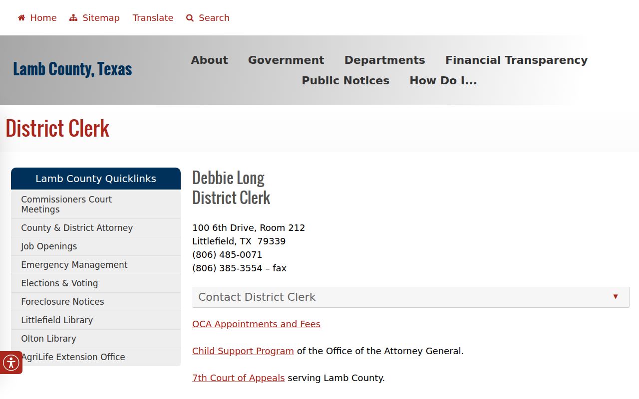 Lamb County court docket District Clerk contact page